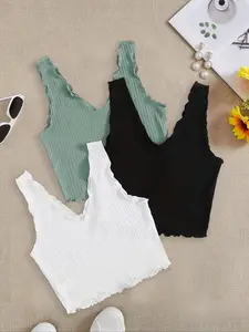 Women's Solid Color Ribbed V Neck Crop Tank Top, Casual Comfy Cami, Casual Basic Sleeveless Top for Summer, Ladies Clothes for Daily Wear