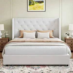 Queen Size    Wingback Headboard, Velvet Upholstered    Button Tufted Headboard, Anti-Collision Design, No Box Spring Needed, Full/ Queen/ King, Pink/ Grey/ White LED Cloud Bed Frame with Twin Gingham Daybed Trundle