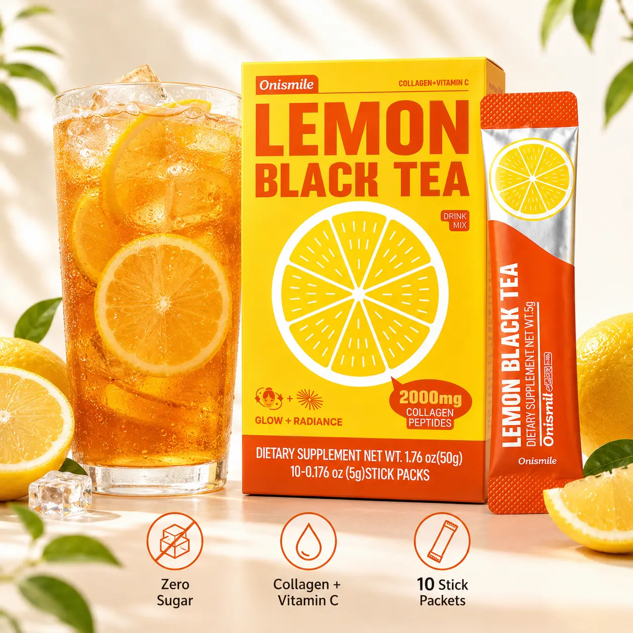 Beauty Lemon Black Tea Drink Mix with Collagen & Vitamin C, Zero Sugar, 10 Stick Packets per Box