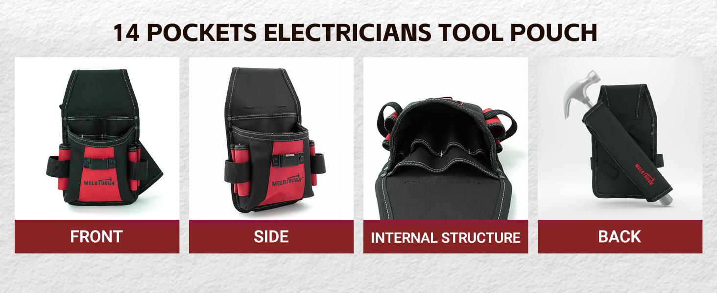 MELOTOUGH Tool Belt Pouch Professional 14-Pocket Electrician Tool Pouch with Detachable Hammer Loop for Electricians, Contractors, Roofing & HVAC Work