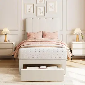 Twin Bed Frame with Under-Bed Drawer, White Velvet Upholstered Platform Bed with Wave Headboard for Kids/Girls, Wooden Slats Support, No Box Spring Needed