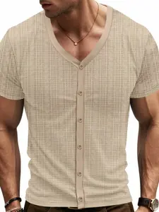 Men's Jacquard Mesh Knit T-Shirt, Open Front V-Neck, Casual and Vacation Wear, Comfortable and Stylish, Perfect for Everyday Use