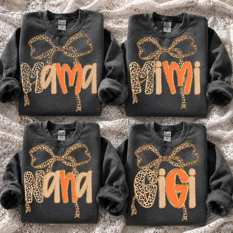 Mama Mimi Nana Gigi Sweatshirt, Leopard Bow Family Crewneck, Coquette Charcoal Shirt, Cute Fall Gift for Women, Grandma Mom Personalized Sweatshirt, Trendy Animal Print Family Top -DPCLICK