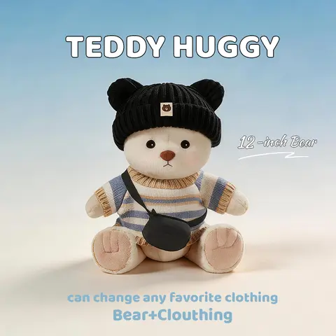 TEDDY HUGGY 12-Inch Posable Soft Stuffed Animal Bear - 5 Joints, Changeable Clothes & Clothing, Mix-Matching Stylish Outfits, Dress-Up Fun Mode, Gift-Ready Cute Collectible, Hug-Size Plush Playtime Toy, Viral Girly Gift, Animal Plush Stuffed Toy