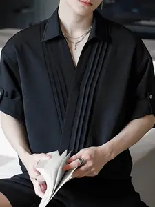 INCERUN Men's Fashion Simple Short Sleeve Solid Color Plain Shirt, Slanted Collar Pleated Design, Perfect for Summer Daily, Casual Wear