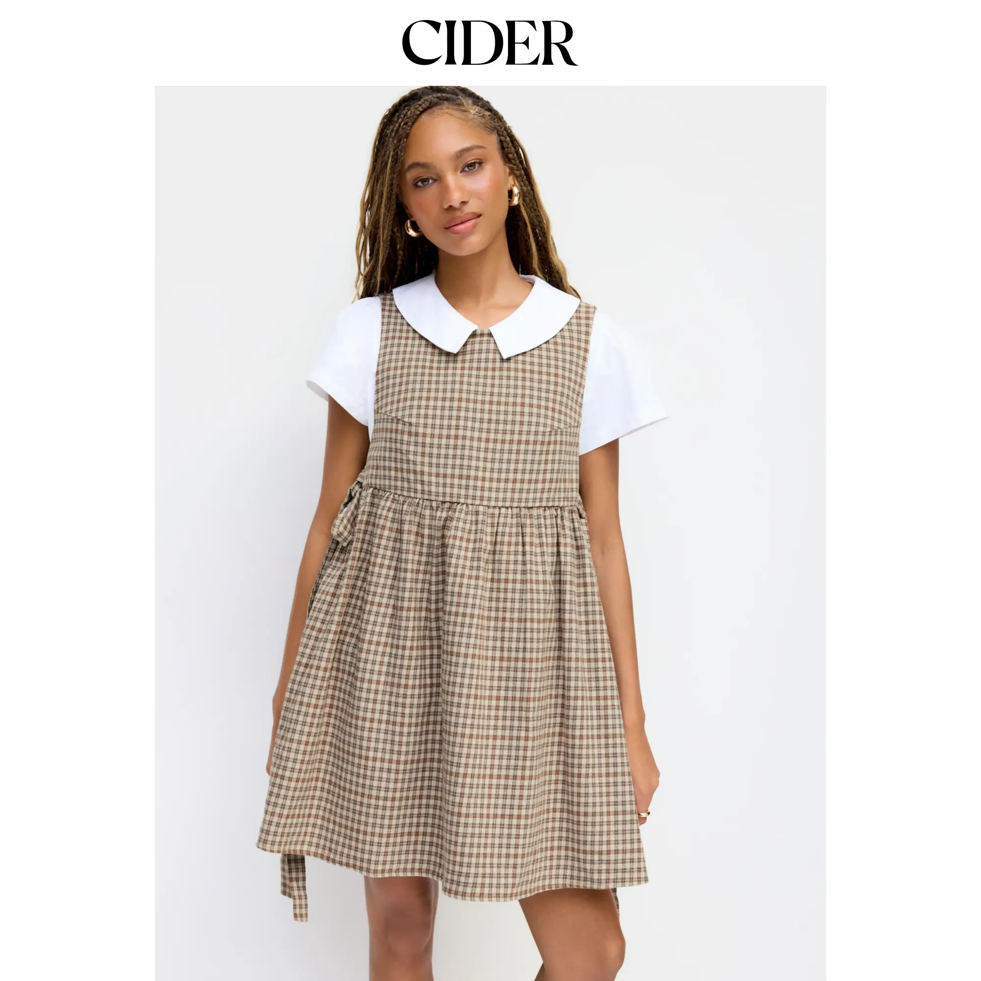 Cider Women's Cute Cotton Flannel Plaid Dress, Daily A-Line Mini with Crew Neck, Ruffle Hem, and Tie-Side, Casual Wear