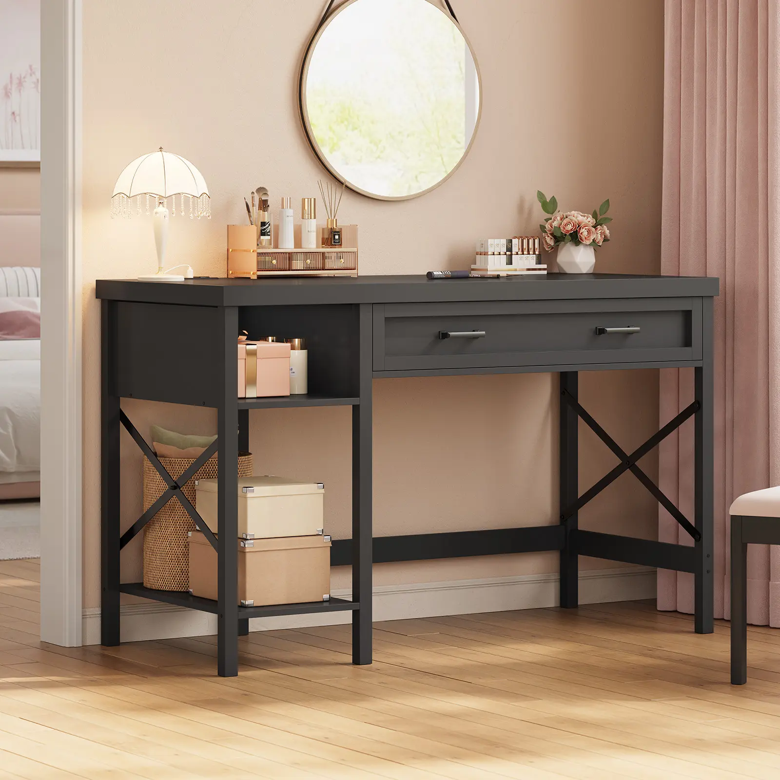 Sedeta 40" Small Wood Computer Desk - 1 Drawer, 2 Open Shelves, Power Outlet, Sturdy Legs, Farmhouse Study/Vanity Desk for Small Spaces, Rustic Farmhouse Decor, Home Office Furniture, Farmhouse Home Decor