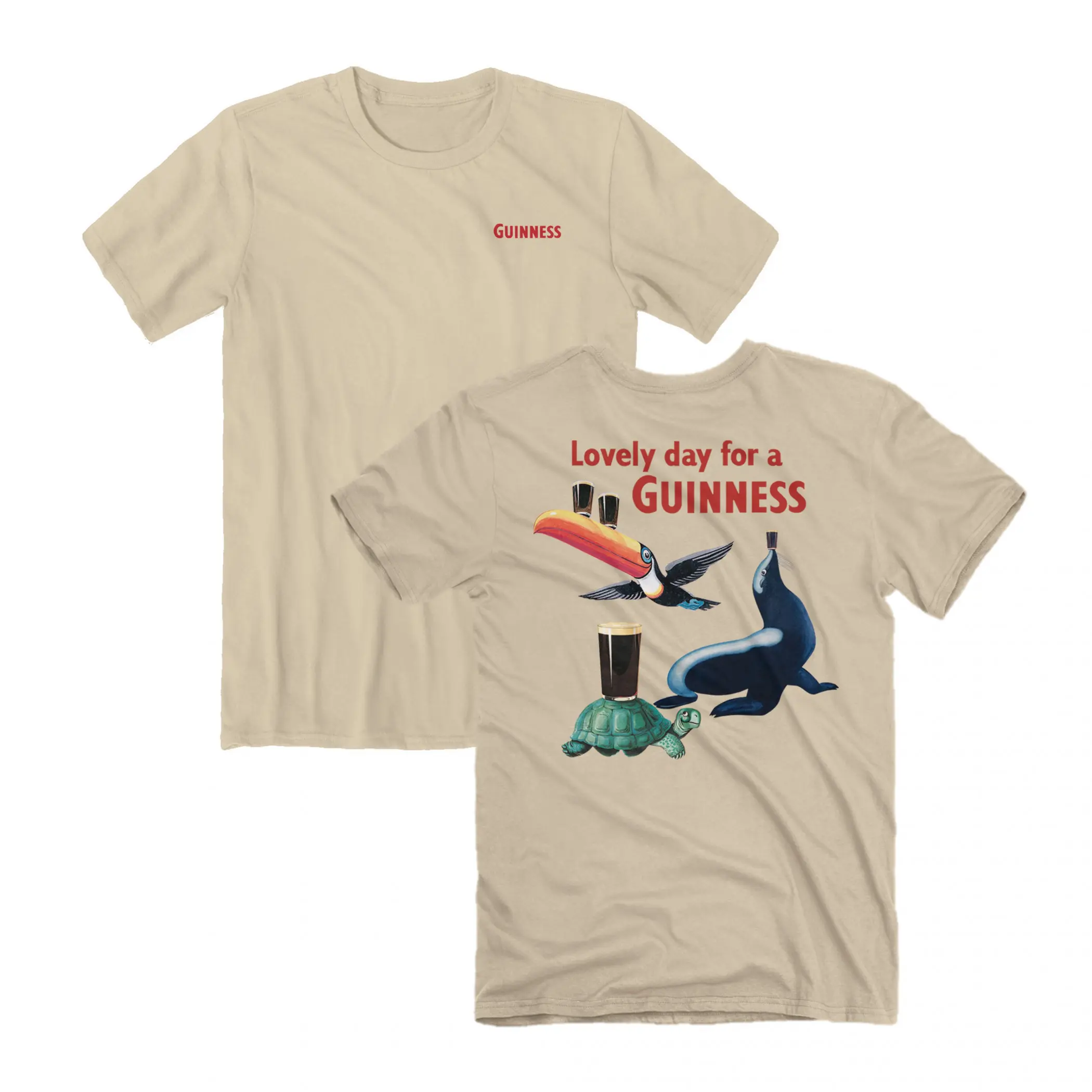 Guinness Vintage T-Shirt – Classic Irish Beer Tee, "Lovely Day for a Guinness" Print with Toucan & Sea Animals, Retro Pub Style, Beige Unisex Shirt