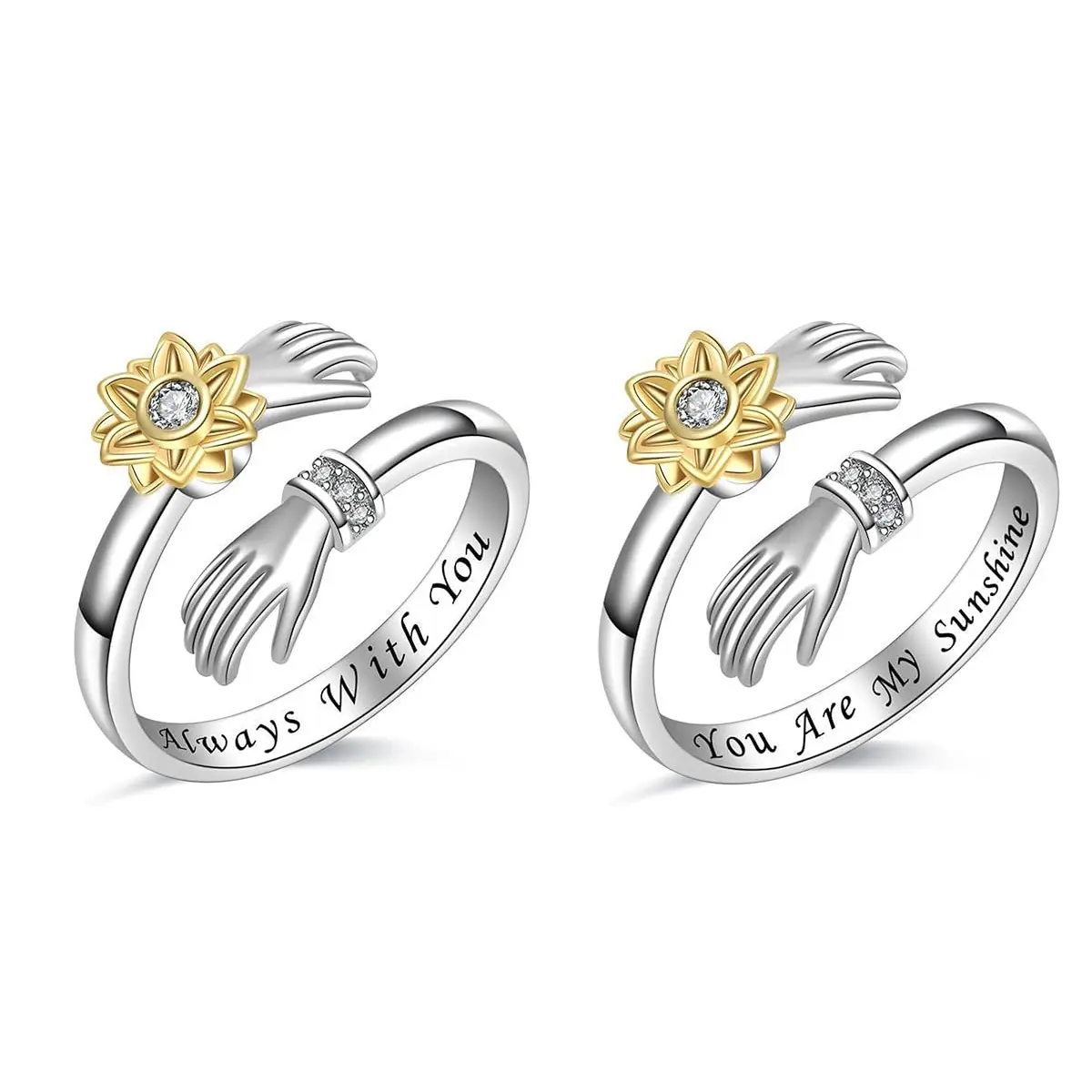 2pc Women & Men Copper Sunflower Ring - Open Hands Embrace Design, Elegant Unisex Wedding for party & Daily Wear, Year-Round Freshflower Gift for her/Him