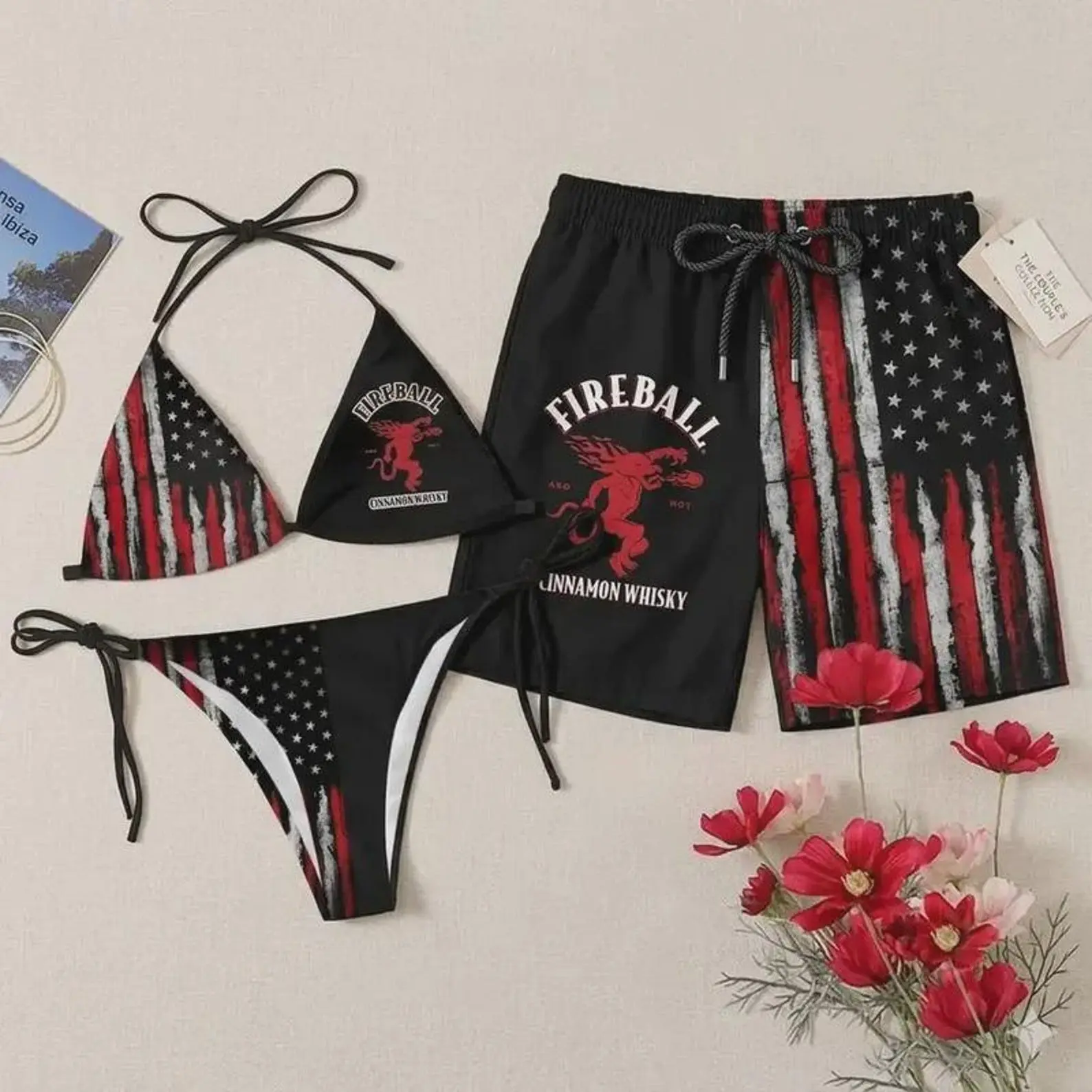 Cinnamon Whisky American Flag Black Red Bikini and Swim Trunks Matching Couple Set, Distressed Stars Stripes Full Print String Halter Top Side Tie Bottom, Quick Dry Lightweight Beach Shorts, 4th of July Summer Pool Party Outfit, Gift for Men Women