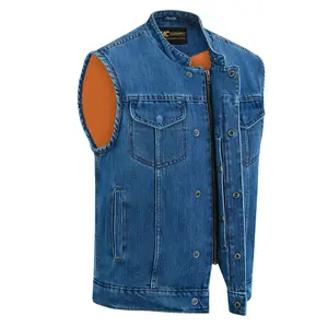 Blue Denim Biker Vest for Men Club Style Motorcycle with Collar & Conceal Carry MC20308