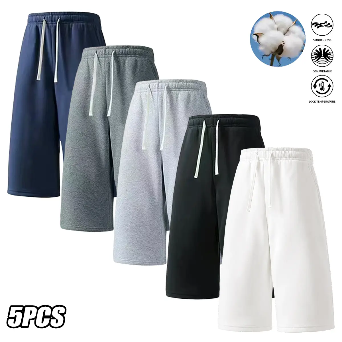Men's 5-Pack Winter Warm Cotton/Poly Fleece Sweatpants Trousers - Casual Athletic Clothes with Side Pockets, Drawstring Waist, Solid Color, Streamlined Design, Loose-Fit Comfort, for Running, Workout, Outdoor Activities