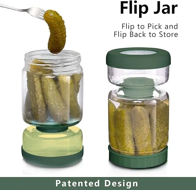 Glass pickle jar, 34 oz olive hourglass jar with strainer, airtight glass jar pickle juice separator jar pickle flip jar for cucumber jalapeno Containers Kitchen