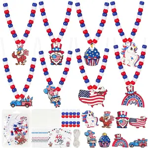 24 Sets 4th of July Crafts Bead Necklace Making Kit - DIY Patriotic Red White and Blue Beads with Cute Wooden Charms, Fourth of July Party Favors & Classroom Activities
