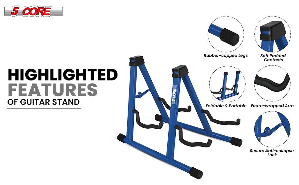 5 Core Double Guitar Stand A Frame Shape w Foam Arms Supports Acoustic Electric Bass Ukulele Banjo