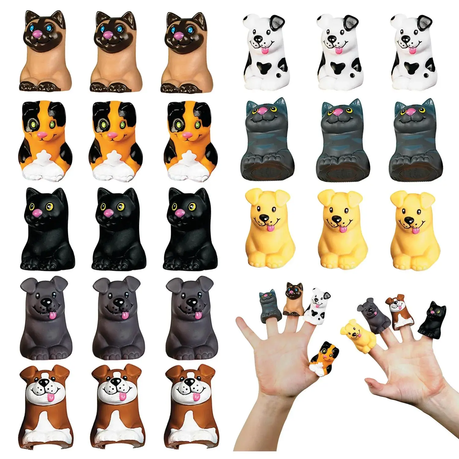 2" Mini Cat & Dog Vinyl Finger Puppet Toys Assortment - 24 Pc.