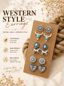 6pcs Boho Faux Turquoise Earrings Set for Women, Western Style Stud Earrings, Boho Style Jewelry, Lightweight Earring, Sunflower, Bull Head, Horse & Heart Designs