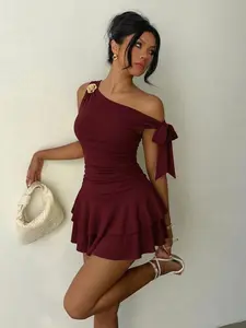 Women's Metal Flower Decoration Dress, Ruched Shoulder Design, Frill Hem Fashion Dress, Plain Style, Perfect for Casual Wear