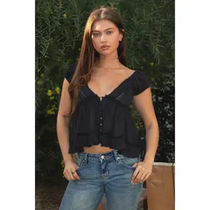 AVELINE V-Neck Boho Lace Trim Babydoll Top