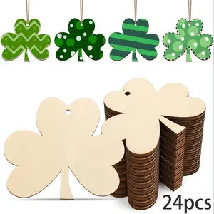 24 Piece Unfinished Wooden Clover Decorations, St Patrick's Day Decoration, Blank Wood Discs for Home Farmhouse Crafts Hanging Spring Decor