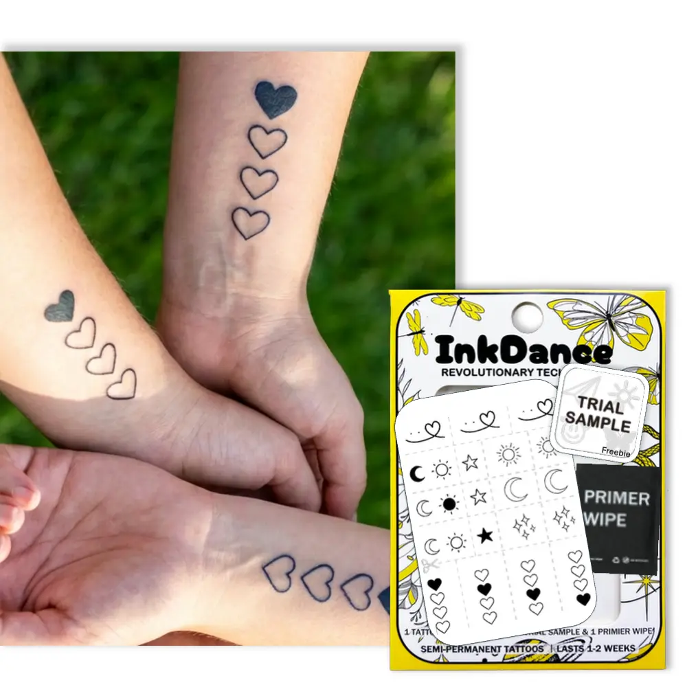InkDance Semi-Permanent Tattoo Stickers, Minimalist Sun-Moon-Heart Designs, Waterproof Plant-Based Ink for Couples, All Skin Types, 1-2 Weeks Long-Lasting, 24-Hour Color Development, 162-Count Temporary Tattoos