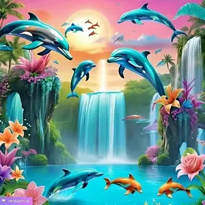 Magical Tropical Waterfall Jumping Dolphins 5D Full Drill Diamond Painting Kit Vibrant Ocean Paradise Sunset Landscape Art DIY Cross Stitch Mosaic Craft Stunning Home Wall Decor Handmade Gift for Dolphin & Nature Lovers