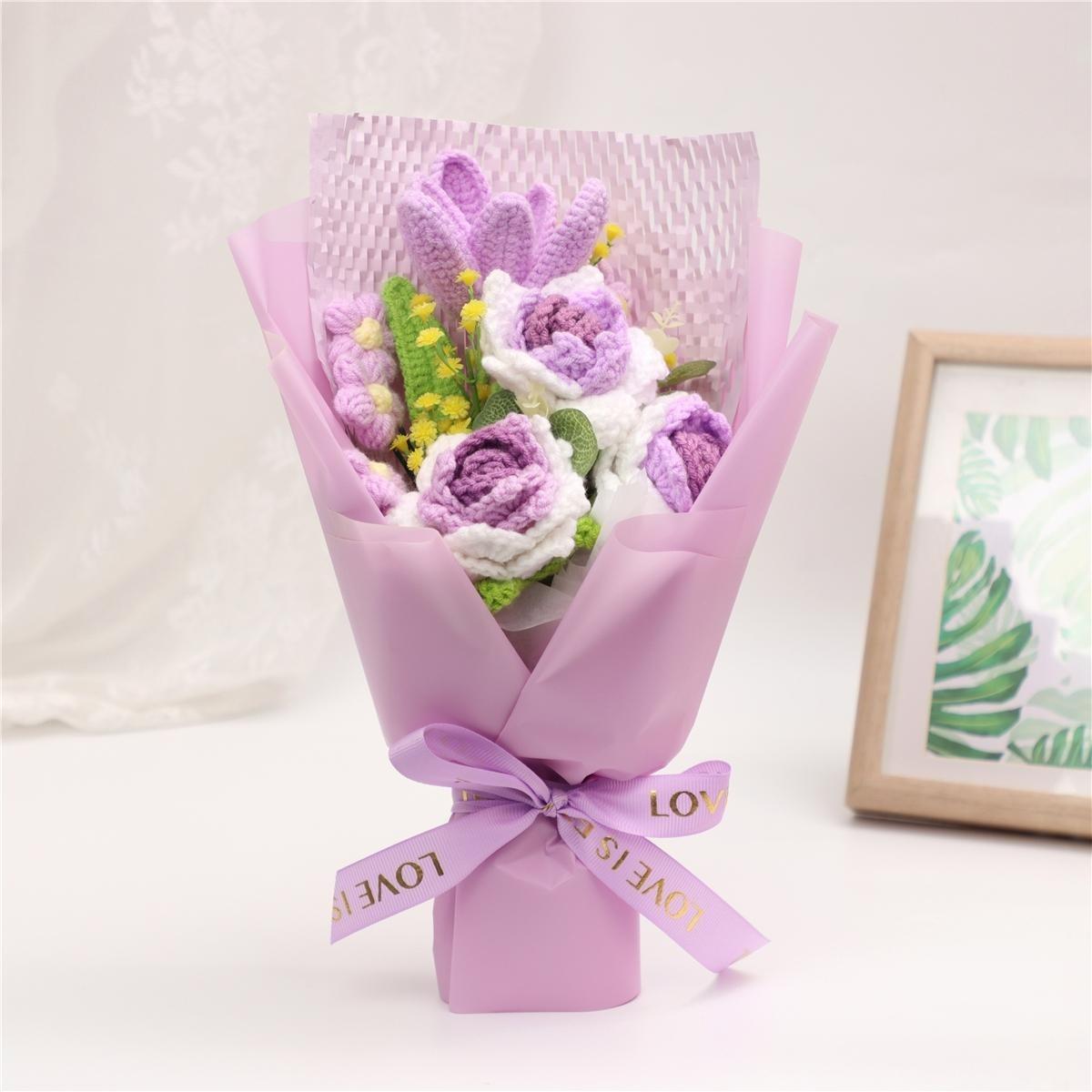 Mother's Day 1pc Handmade Knitted Rose & Lily Bouquet, Yarn Crochet Artificial Floral, Home Decoration, Perfect Gift for Christmas,  Valentine's Day, Birthday, Wedding and Anniversary