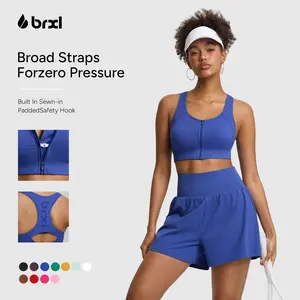 BRXL Women's Seamless Front Zip Sports Bra, Activewear Workout Clothes with Sewn-in Pads, Racerback Wide Straps for Medium-Impact Running, Yoga#Summervibes-1