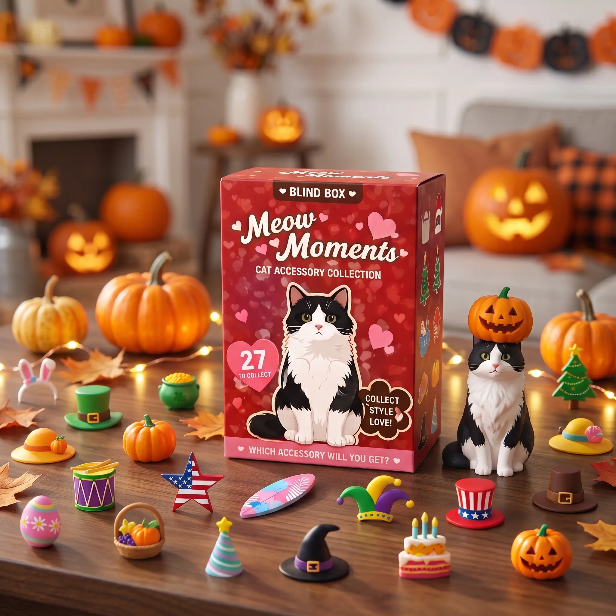 Meow Moments Wooden Advent Calendar for Cat Lovers, 27 Surprise Accessories with Multi-Theme Designs (Christmas/Halloween/Easter), Laser-Cut Natural Wood with UV Printing, Year-Round Collectible Figurine Display