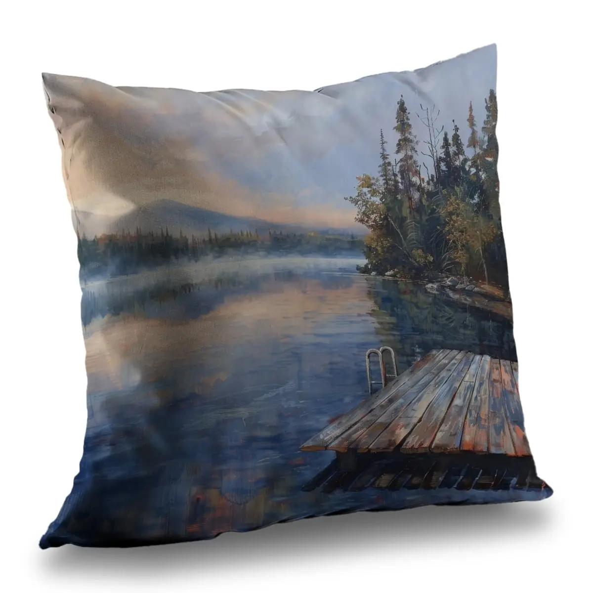 14in Square Polyester Twill Weave Throw Pillow with Insert & 360-Degree Stand, Dock Print, Coastal-Nautical Style, Machine Washable, Indoor Home Decor Accessory, Creative Decorative Cushion