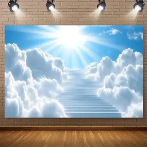 1pc 2D Flat Staircase to Heaven Paradise Gate Backdrop - Sunlit Sky & Clouds Photography Background for Baptism, Church Events & Parties - Durable Polyester, No Power Needed