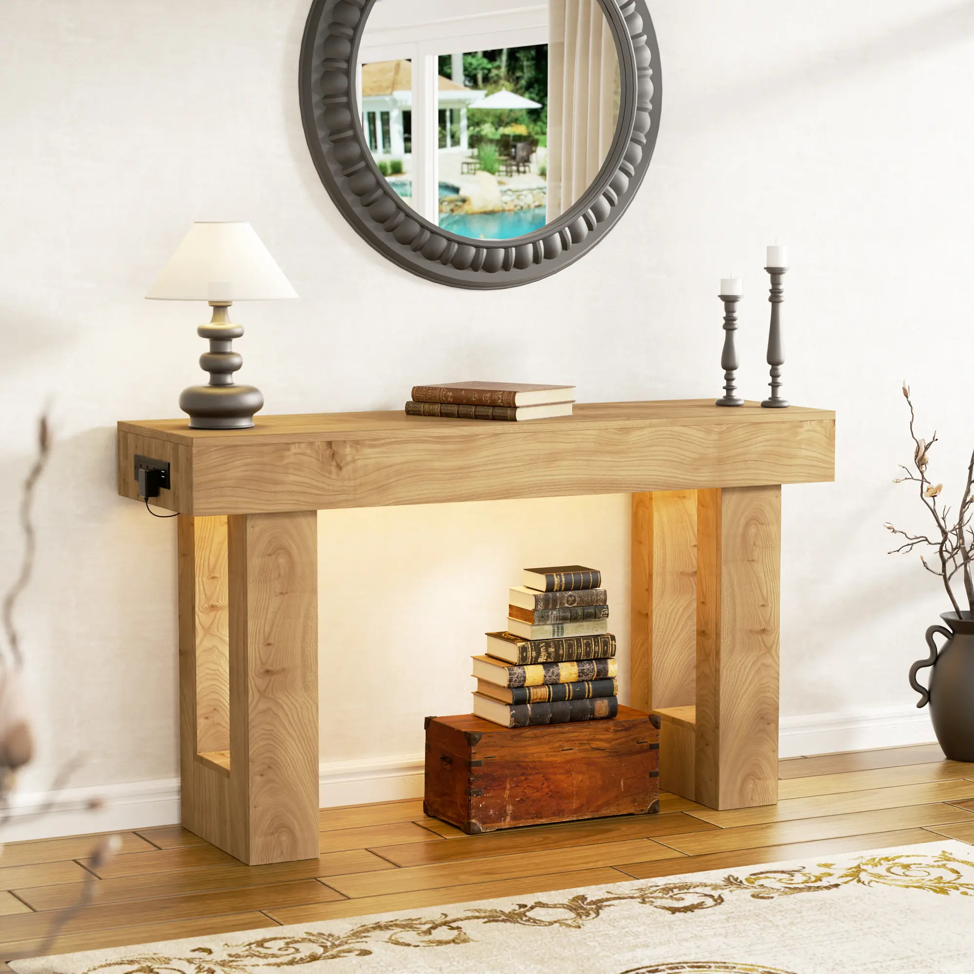 47" Entryway Table with Socket and Sensor Light, Narrow Console Table with Storage Behind Couch, Farmhouse Entry Way Tables with Open Storage for Hallway Entrance Foyer