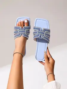 Women's Rhinestone Embellished Sandals, Comfortable Wide Strap Slip-On Casual Beach Shoes, Perfect for Spring Summer Daily Wear