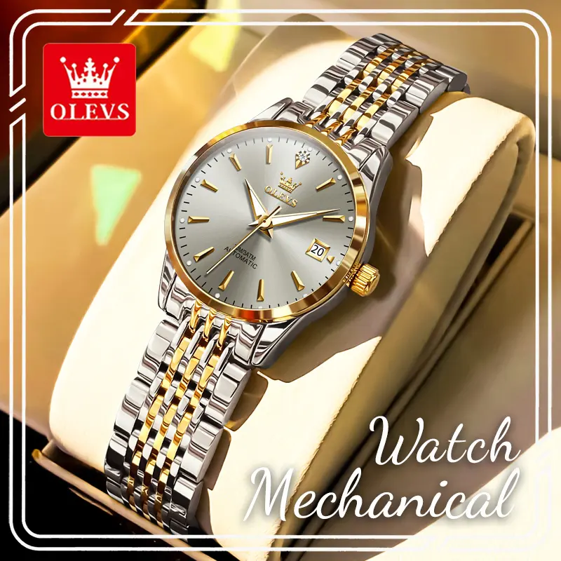 Women's OLEVS 6635 Automatic Mechanical Watch - 2-Tone Stainless Steel Wristwatch with Luminous Hands, Date Window, Water Resistance, Ideal Classic Dress Gift Watch for Ladies