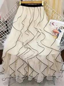 Plus Size, Black-edged Ruffled Hem Black Mesh Layered Mesh Plus-size Half Skirt for Plus-size Women