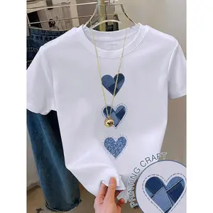 Womens Short Sleeve Crewneck Tee Soft Cotton Casual Graphic Shirt Denim Patchwork Heart Print Cute Summer Top for Jeans Outfit Mothers Day