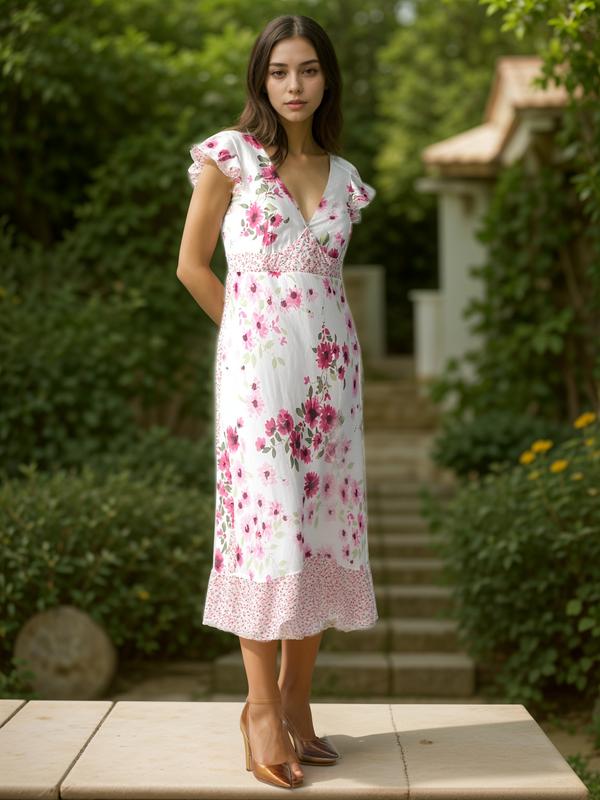 New York & Co Vintage White & Pink Floral Midi Dress with Flutter Sleeves Ruffle Hem Size 6 Sheer Fabric Fully Lined for Special Occasions