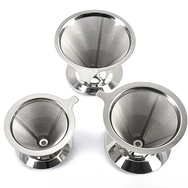 Unisex Reusable V60-Style 304 Stainless Steel Pour Over Drip Coffee Filter - Double-Layer 600-Mesh Paperless 4-Hole Single Dripper with Built-In Base Stand for Home Use