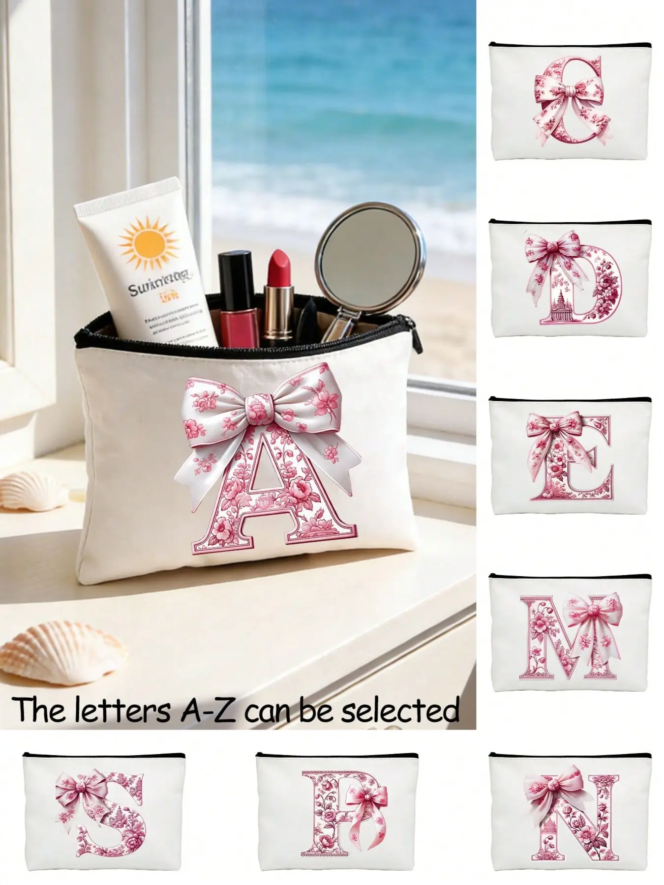 Pink bow letter makeup bag, customizable with A-Z letters, reusable makeup bag, ideal gift for women, moms, friends, and sisters, large capacity travel makeup bag