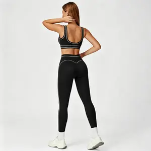 Women Contrast White‑Piping U‑Back Sports Bra & Curved Seam High‑Waist Leggings 2‑Piece Activewear Set