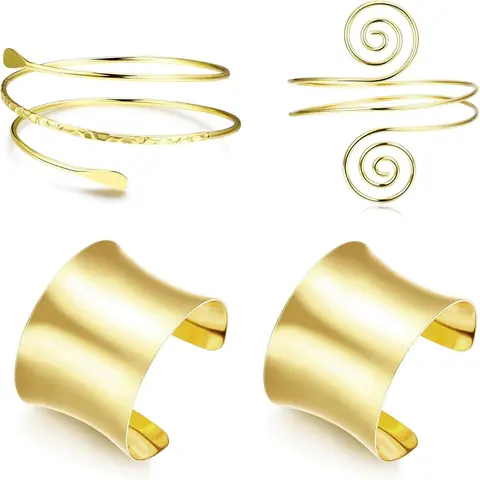 4 Pcs Golden Adjustable Arm Cuff Set, Jewellery for Women Men Alloy Exquisite Polishing Treatment for Long-lasting Metallic Gloss Versatile Collection Stylish Design Smooth Wide Cuff Sleek Twisted Styles Flexible Open Cuff Structure