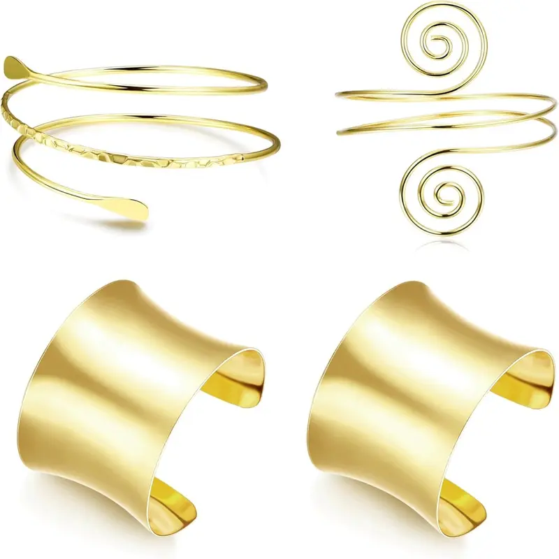 4 Pcs Golden Adjustable Arm Cuff Set, Jewellery for Women Men Alloy Exquisite Polishing Treatment for Long-lasting Metallic Gloss Versatile Collection Stylish Design Smooth Wide Cuff Sleek Twisted Styles Flexible Open Cuff Structure
