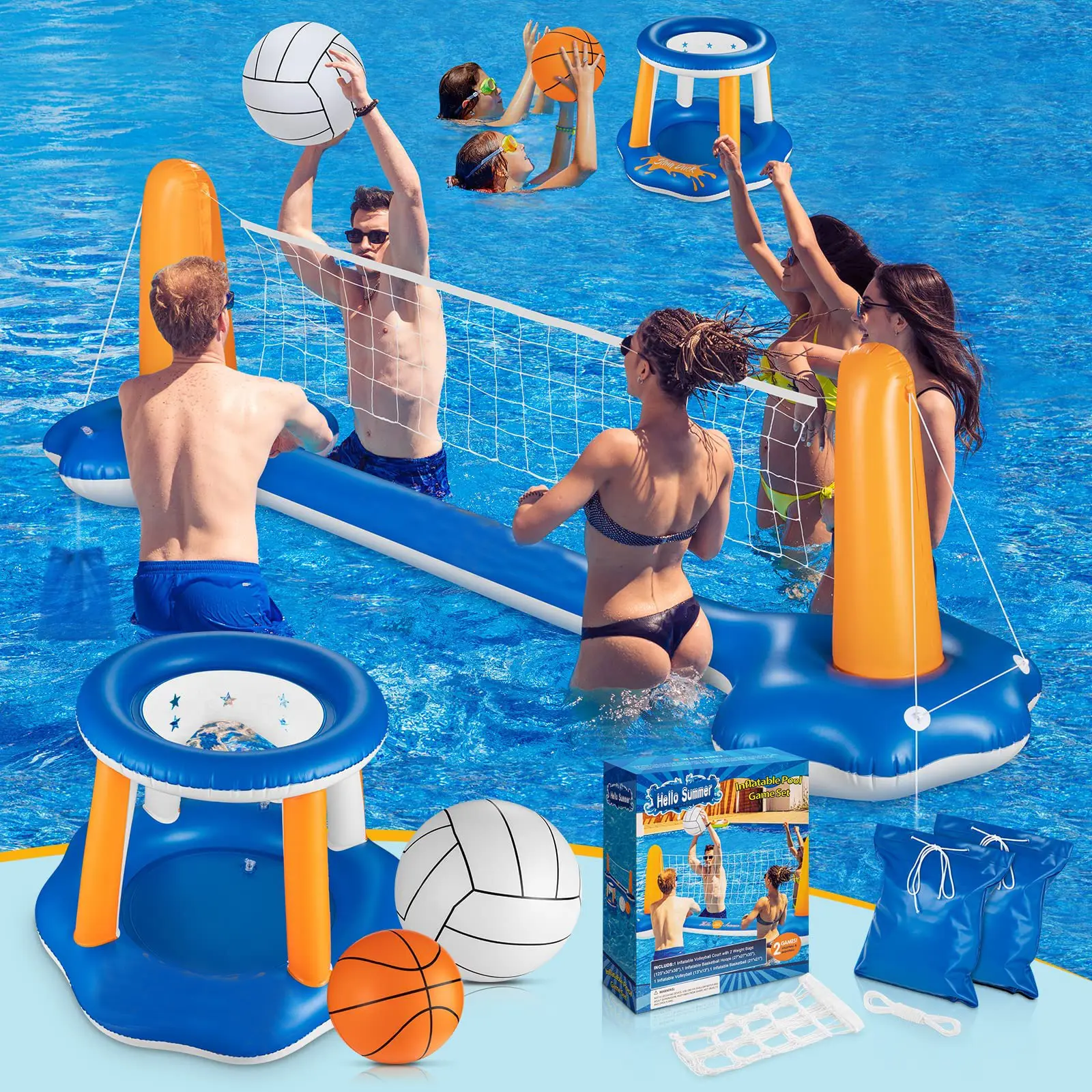 Adult Inflatable Volleyball & Basketball Stand, Pool Supplies for Summer Swimming Pool Water Entertainment Events Parties, Party, No