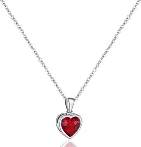 Sterling Silver Heart Necklace Red Green Blue Aquamarine Pendant Necklace for Women Classic Love Birthstone Necklace for Mothers Day