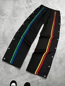 Men's Casual Patchwork Front Tie Straight Leg Pants, Rainbow Striped Side Open Long Pants, Hip Hop Loose Fit Vintage Sportswear