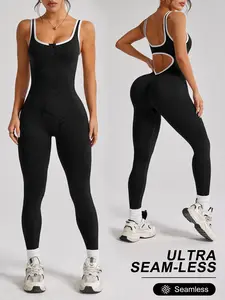 Seamless Knitted Hollow Out Women's Jumpsuit, Outdoor Yoga Sport Tight Peach Hip Fitness Clothes, Running Indoor Gym Onesie, Sportswear Jumpsuits