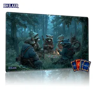 Anthropomorphic Raccoon Adventurers Forest Campfire Board Game Mat 12x24in Non-Slip TCG MTG Mousepad, Cozy Gathering & Family Fun, Perfect Gift for Game Enthusiasts