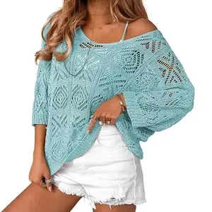 Women's Spring/Summer Crochet Hollow Out Three-Quarter Sleeve Pullover Sweater Batwing Sleeve Vacation Style Intellectual and Gentle Style