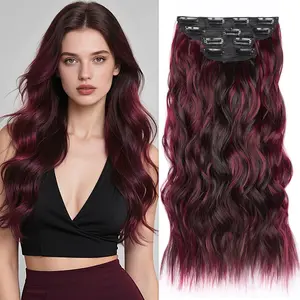 Burgundy Clip in Hair Extensions 4 count Long Wavy Hair Dark Red Synthetic Clip in Extensions 22 Inch for Women #Dark Brown Mix Burg