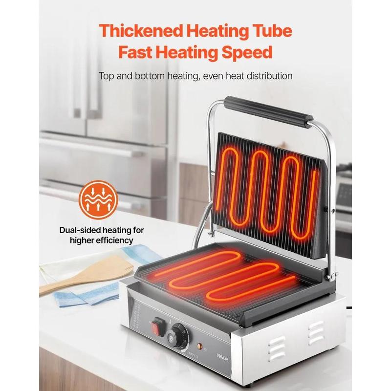 VEVOR Commercial Panini Grill,  , 1800W Electric Sandwich Panini Maker, Stainless Steel Sandwichs Press with Handle and Temp Control, 13.5x9.3 in Full Grooved Enamel Plate, for Hamburger Steak Bacon